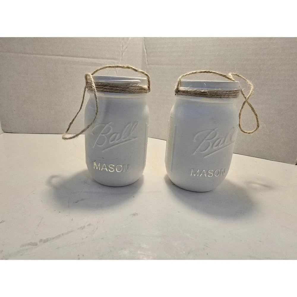 Ball Mason Jars Set of 2 White chalk Painted Distressed Rustic‎ Hanging Decor